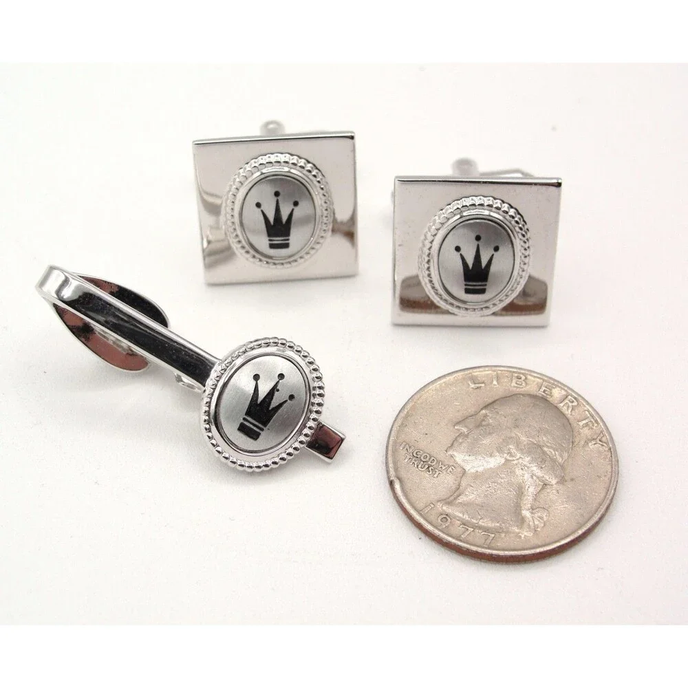 Vintage Royal Crown Cufflinks Tie Bar Set Silver Tone MCM Heraldic Dapper Regal